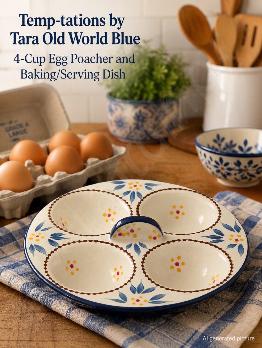 Temp-tations by Tara Old World Blue 4-Cup Egg Poacher and Baking/Serving Dish